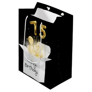 75th Gold Birthday Balloons in White Box Medium Gift Bag