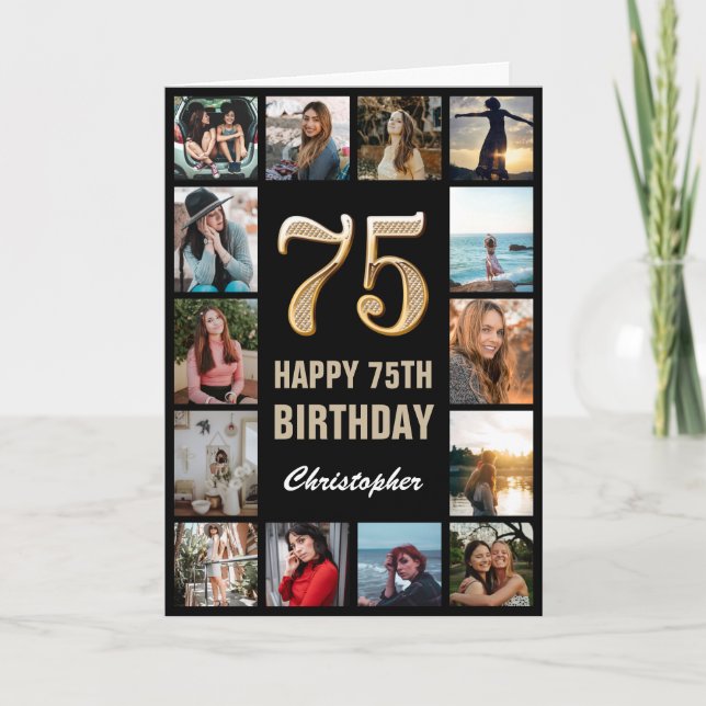 75th Happy Birthday Black and Gold Photo Collage Card (Front)