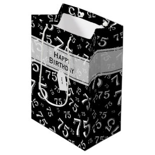 75th Happy Birthday Black/White Number Pattern Medium Gift Bag