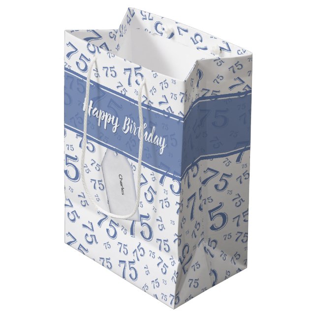75th Happy Birthday Blue/White Number Pattern Medium Gift Bag (Front Angled)