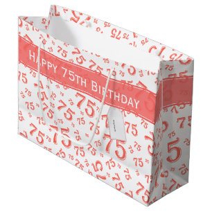 75th Happy Birthday Coral/White Number Pattern Large Gift Bag