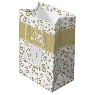 75th Happy Birthday Gold/White Number Pattern Medium Gift Bag