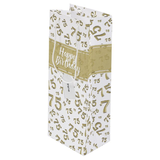 75th Happy Birthday Gold/White Number Pattern Wine Gift Bag (Front Angled)