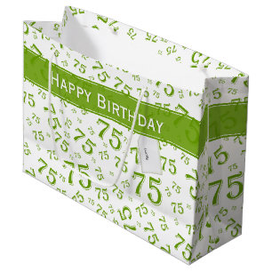 75th Happy Birthday Green/White Number Pattern Large Gift Bag