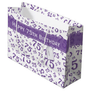 75th Happy Birthday Purple/White Number Pattern Large Gift Bag