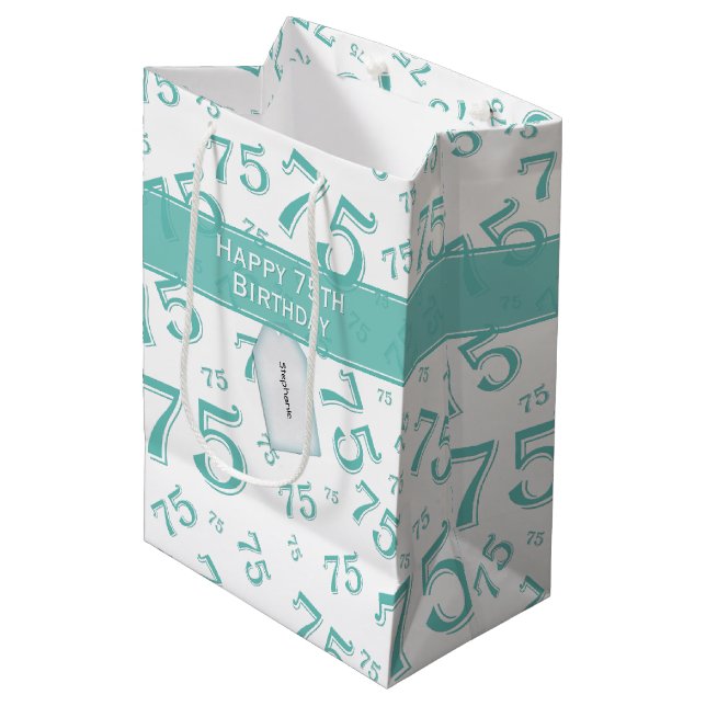 75th Happy Birthday Teal/White Number Pattern Medium Gift Bag (Front Angled)