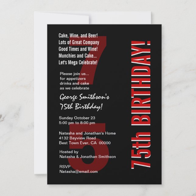 75th Modern Birthday Black White Red Template (Front)