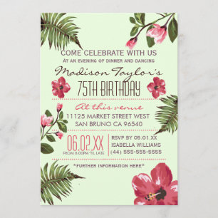 75th Party Exotic Hibiscus & Tropical Palm Leaves Invitation