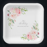 75th Party Pink Floral Custom Paper Plate<br><div class="desc">A beautiful and feminine custom paper plate to celebrate a 75th birthday in elegant style. This floral design is bordered with a frame of charming pink peonies and greenery.</div>