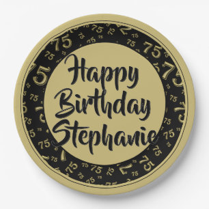 75th Party Random Number Pattern Black/Gold Paper Plate