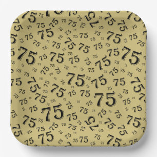 75th Party Random Number Pattern Black/Gold Paper Plate