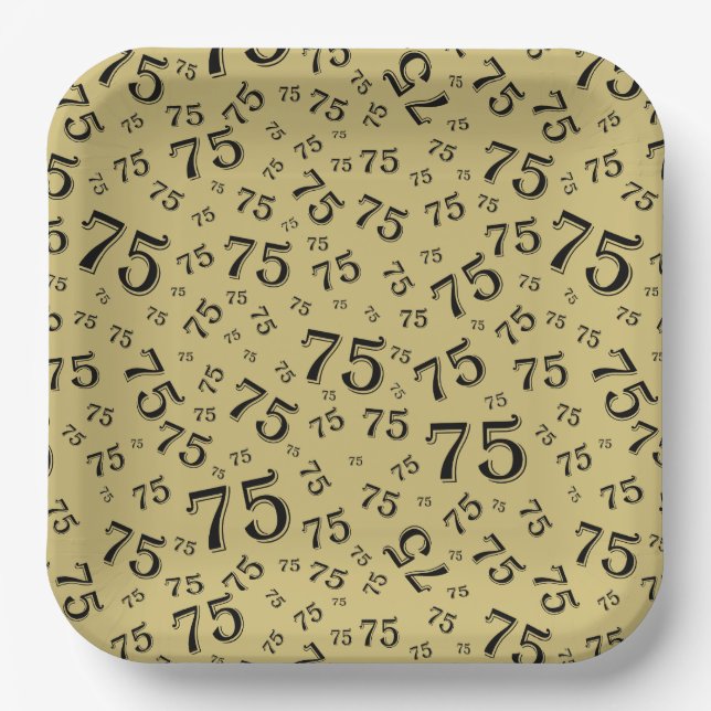 75th Party Random Number Pattern Black/Gold Paper Plate (Front)