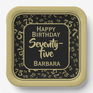 75th Party Random Number Pattern Black/Gold Paper Plate