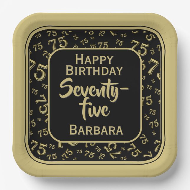 75th Party Random Number Pattern Black/Gold Paper Plate (Front)