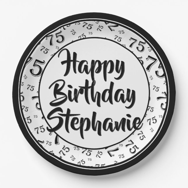 75th Party Random Number Pattern Black/White Paper Plate (Front)