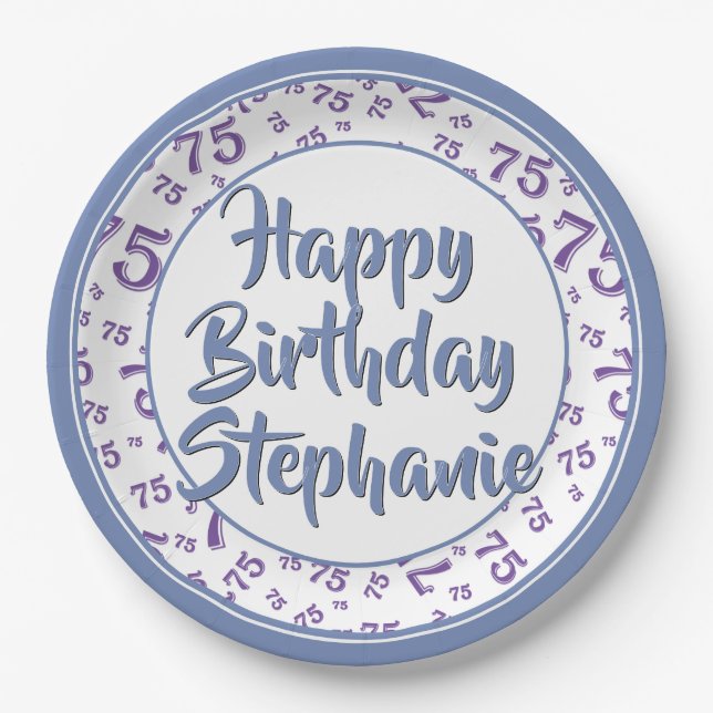 75th Party Random Number Pattern Blue/White Paper Plate (Front)