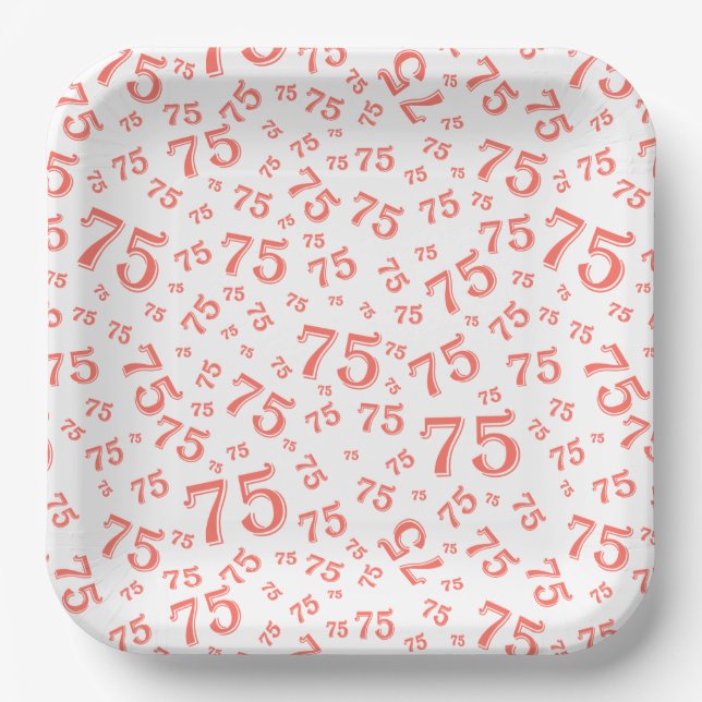 75th Party Random Number Pattern Coral/White Paper Plate (Front)