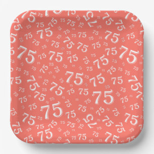 75th Party Random Number Pattern Coral/White Paper Plate