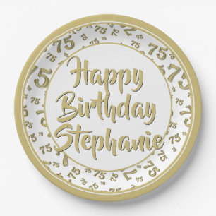 75th Party Random Number Pattern Gold/White Paper Plate