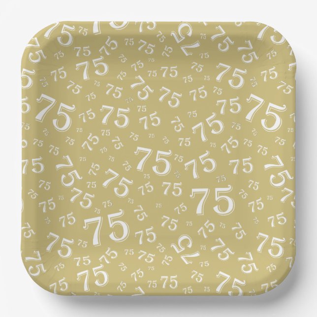 75th Party Random Number Pattern Gold/White Paper Plate (Front)