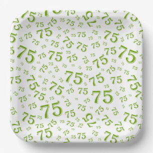 75th Party Random Number Pattern Green/White Paper Plate
