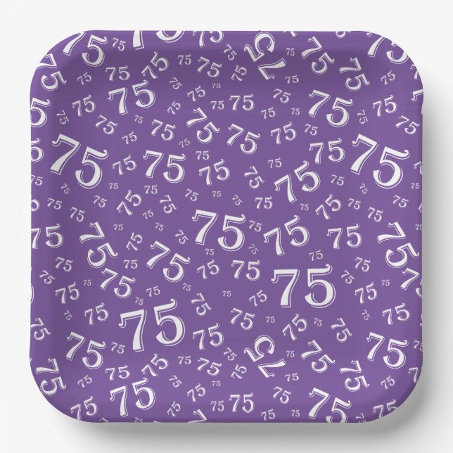 75th Party Random Number Pattern Purple/White Paper Plate (Front)