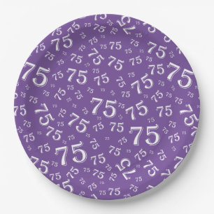 75th Party Random Number Pattern Purple/White Paper Plate