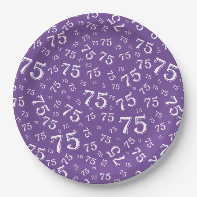 75th Party Random Number Pattern Purple/White Paper Plate (Front)