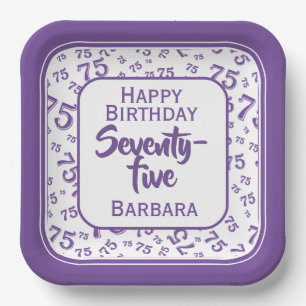 75th Party Random Number Pattern Purple/White Paper Plate