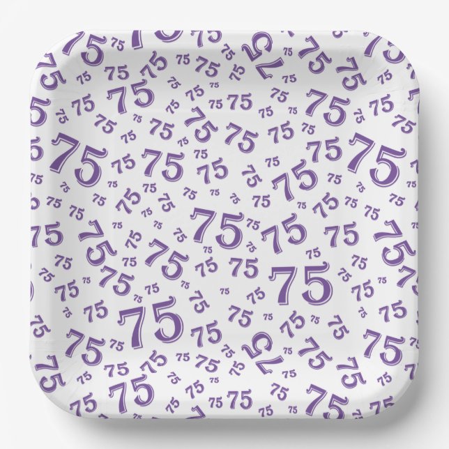 75th Party Random Number Pattern Purple/White Paper Plate (Front)