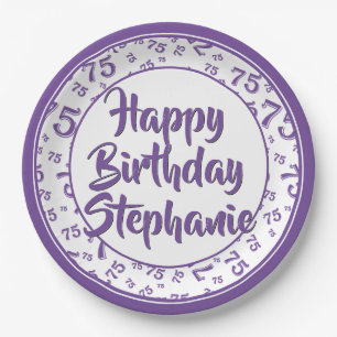 75th Party Random Number Pattern Purple/White Paper Plate