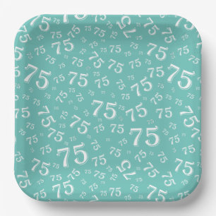 75th Party Random Number Pattern Teal/White Paper Plate