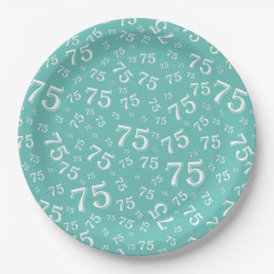 75th Party Random Number Pattern Teal/White Paper Plate