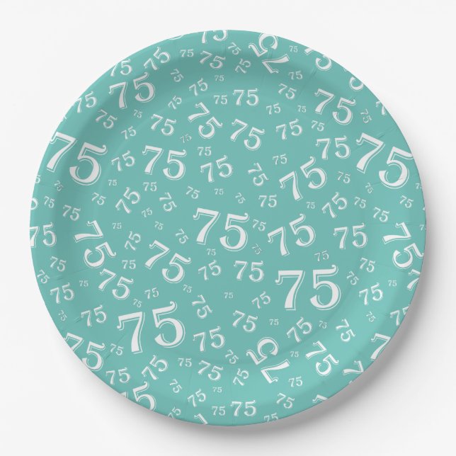 75th Party Random Number Pattern Teal/White Paper Plate (Front)