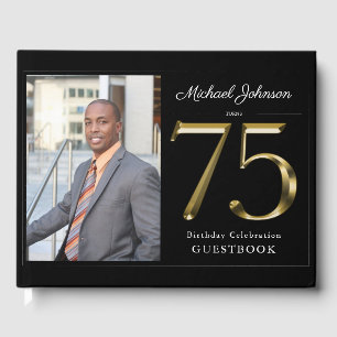 75th Solid Classy Black Gold Custom Photo Birthday Guest Book