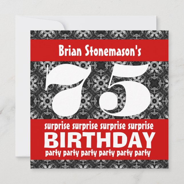 75th Surprise Birthday Party Black Red White Invitation (Front)