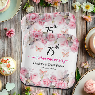 75th Wedding Anniversary Blush Roses Paper Plate