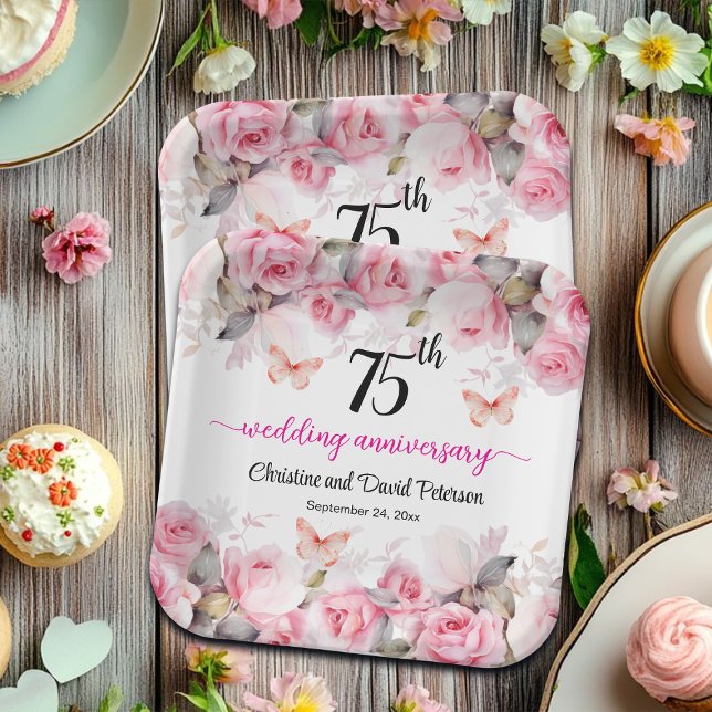 75th Wedding Anniversary Blush Roses Paper Plate (Creator Uploaded)