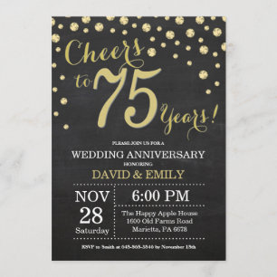 75th Wedding Anniversary Chalkboard Black and Gold Invitation