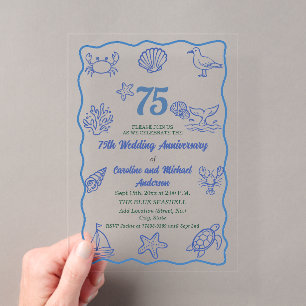 75th Wedding Anniversary Chic Hand Drawn Sea Life  Acrylic Invitations