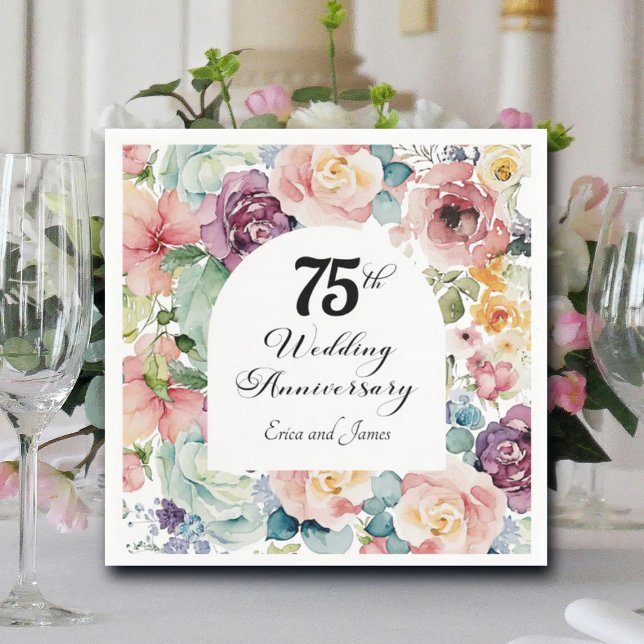 75th Wedding Anniversary Elegant Script Floral Napkin (Creator Uploaded)