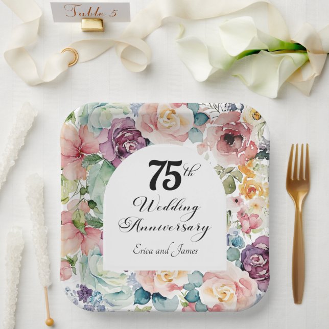 75th Wedding Anniversary Elegant Script Floral Paper Plate (Wedding)