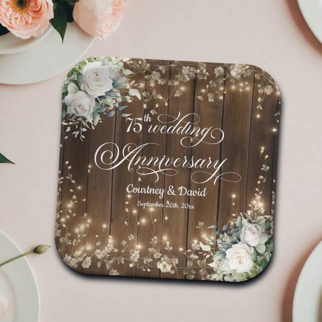 75th Wedding Anniversary Rustic String Lights  Paper Plate (Creator Uploaded)