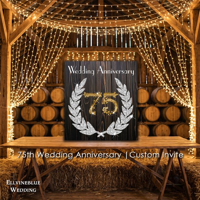 75th Wedding Anniversary | Rustic Wood & Gold Invitation (75th Wedding Anniversary Invite | Rustic Wood & Diamond Laurel. Size: 5.25” x 5.25”)