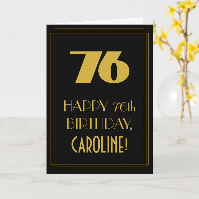 76th Birthday – Art Deco Inspired Look "76" & Name Card (Yellow Flower)