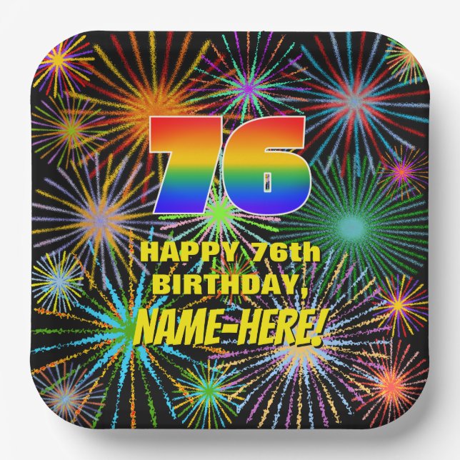 76th Birthday: Colourful, Fun Celebratory Firework Paper Plate (Front)