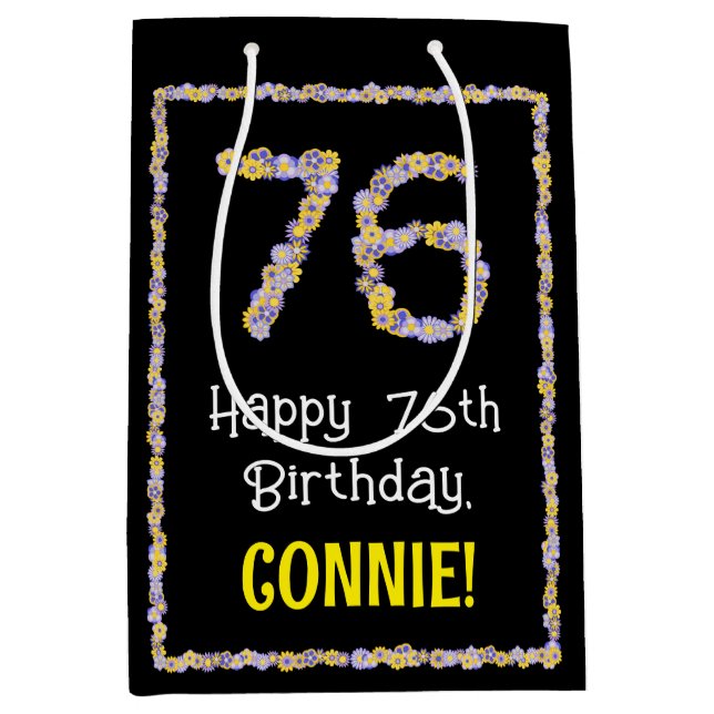 76th Birthday: Floral Flowers Number, Custom Name Medium Gift Bag (Front)