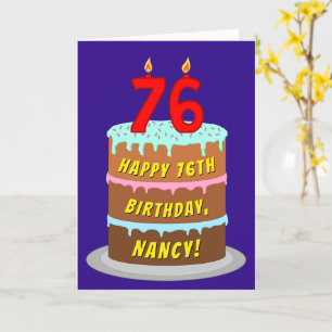 76th Birthday: Fun Cake and Candles + Custom Name Card