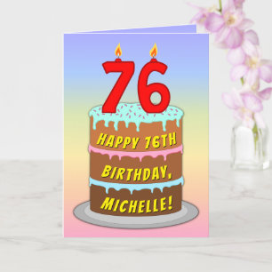 76th Birthday — Fun Cake & Candles, w/ Custom Name Card