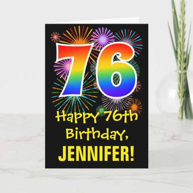 76th Birthday: Fun Fireworks Pattern + Rainbow 76 Card (Front)